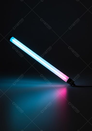 Image of a LED fluorescent light tube with pink and light blue colors, on a dark background. The light creates reflections on the floor. The atmosphere is modern and technological.