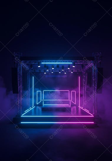 Neon pink and light blue lit stage in a dark smoky setting. Metal structure, stage lights, and platforms. Futuristic and mysterious atmosphere.
