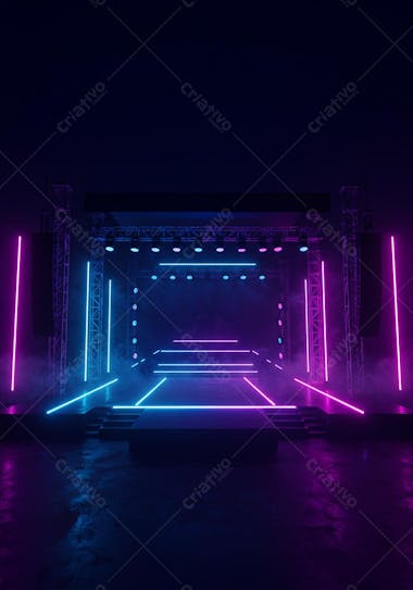 Image of a stage with vibrant pink and blue neon lighting. The scene is dark and mysterious, with fog creating a futuristic and electrifying atmosphere. The metal structure of the stage stands out in the twilight.