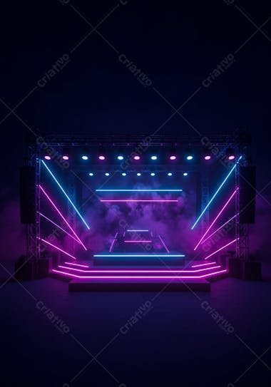 Concert stage with pink and blue neon lighting. Modern design with smoke and stage lights. Vibrant, futuristic atmosphere ideal for music events.