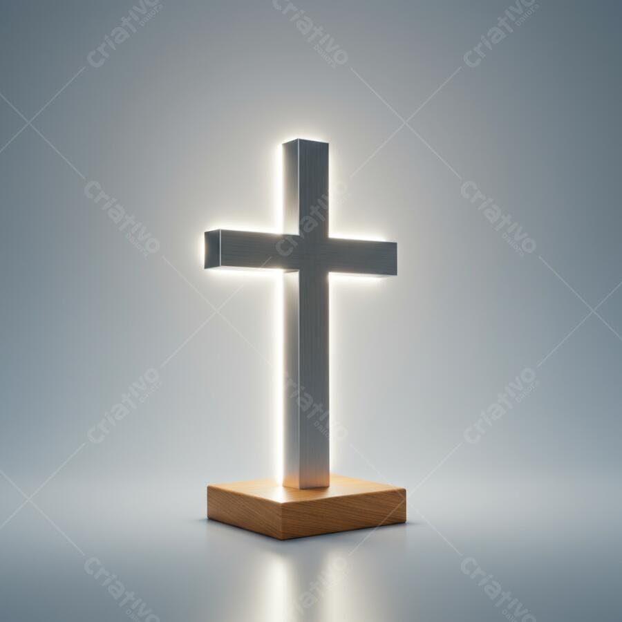 Cruz metálica iluminada sobre base de madeira