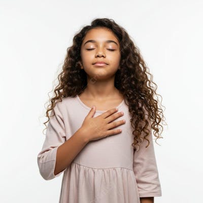 Menina com os olhos fechados em vestido bege