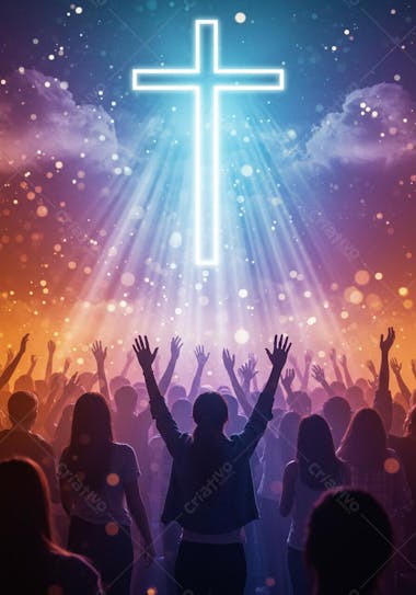 Image of a large crowd with arms raised in prayer before a glowing cross in a nighttime sky with shades of blue, purple and orange. The atmosphere is one of faith and hope.