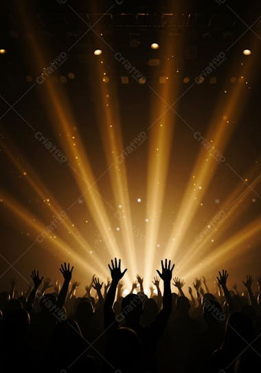 Image of a crowd at a concert with arms raised towards a stage illuminated with bright golden lights. Warm colors and vibrant atmosphere. Silhouettes against a light background.