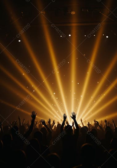 Image of a large crowd with hands raised at a concert. Warm golden lights illuminate the scene creating a vibrant and exciting atmosphere. Silhouettes contrast with the intense brightness.