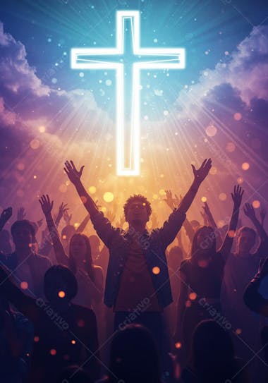 Image of a crowd with arms raised towards a bright cross in the sky. Predominant purple, orange and blue tones create a spiritual and inspiring atmosphere. Composition focuses on the group's energy.