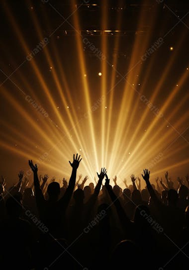 Silhouettes of people with raised arms at a concert with intense golden lighting. The atmosphere is one of joy and fervor. Warm and vibrant colors dominate.