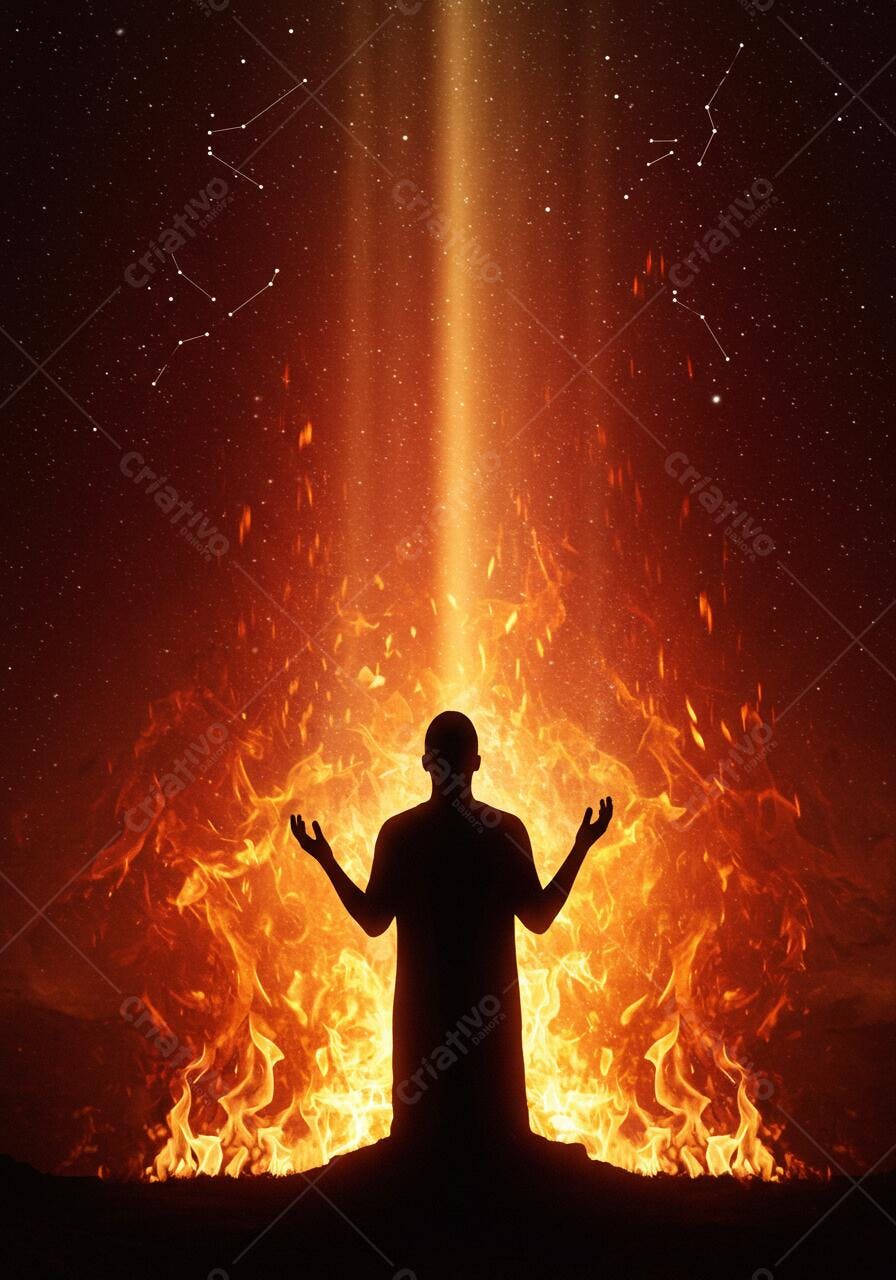 Silhueta homem em frente a fogueira e estrelas