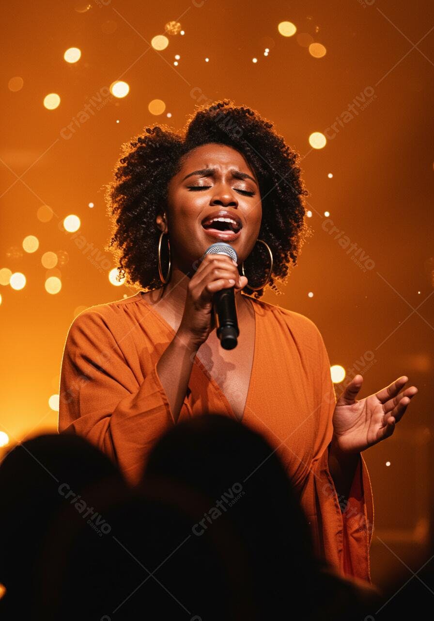 Cantora negra cantando em palco iluminado
