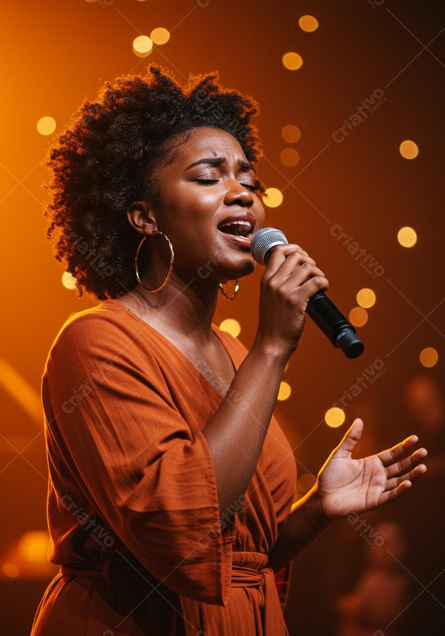 Cantora negra cantando em palco com luzes quentes