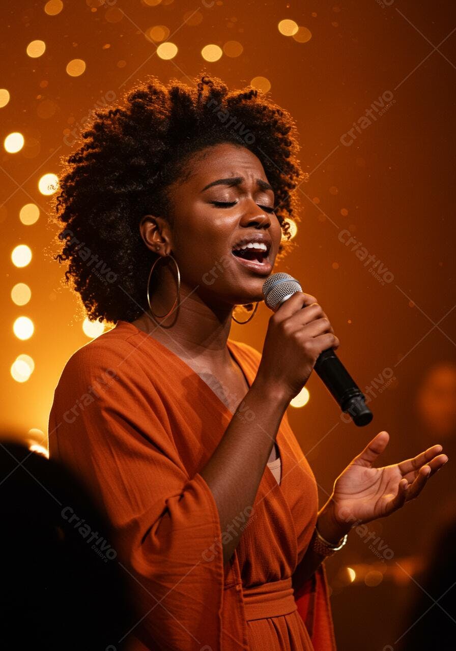 Cantora negra cantando ao microfone em palco iluminado