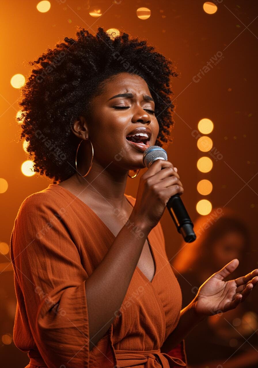 Cantora negra cantando em palco iluminado