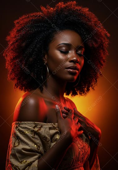 Portrait of a Black woman with a voluminous afro hairstyle. Orange and red lighting highlights her skin and the detail of her dress. The atmosphere is sensual and intimate.