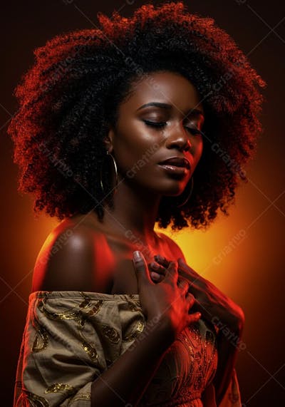Mulher negra com cabelo afro iluminada em tons de laranja