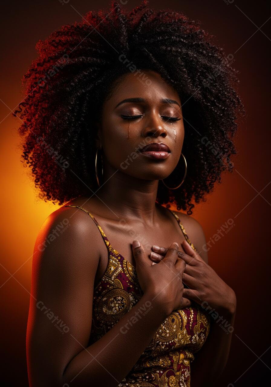 Mulher negra chorando fundo laranja