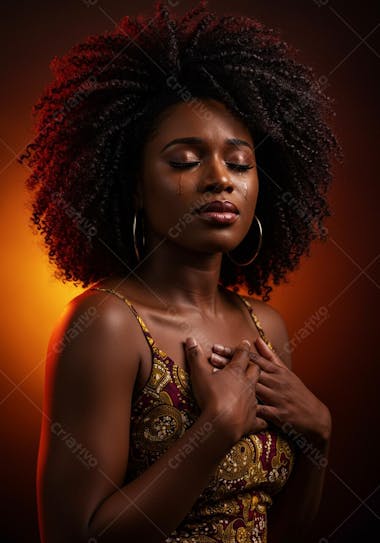 Portrait of a Black woman with voluminous afro hair crying. She wears a patterned dress in shades of brown and gold. Dark orange background creates a dramatic atmosphere.
