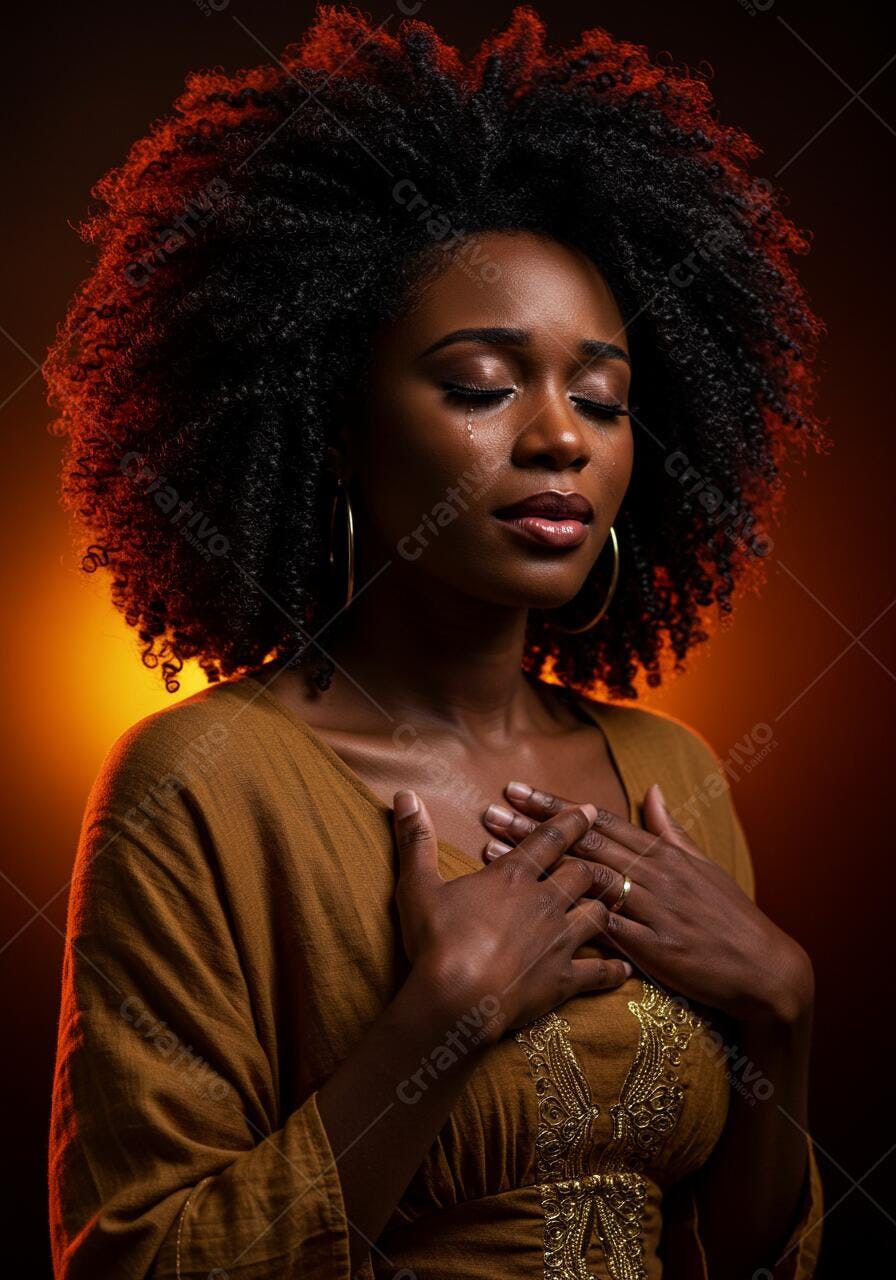 Mulher negra chorando fundo laranja