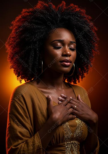 Image of a Black woman with afro hair, wearing a brown dress, crying with her hands on her chest. Dark orange background. Warm colors and dramatic atmosphere.