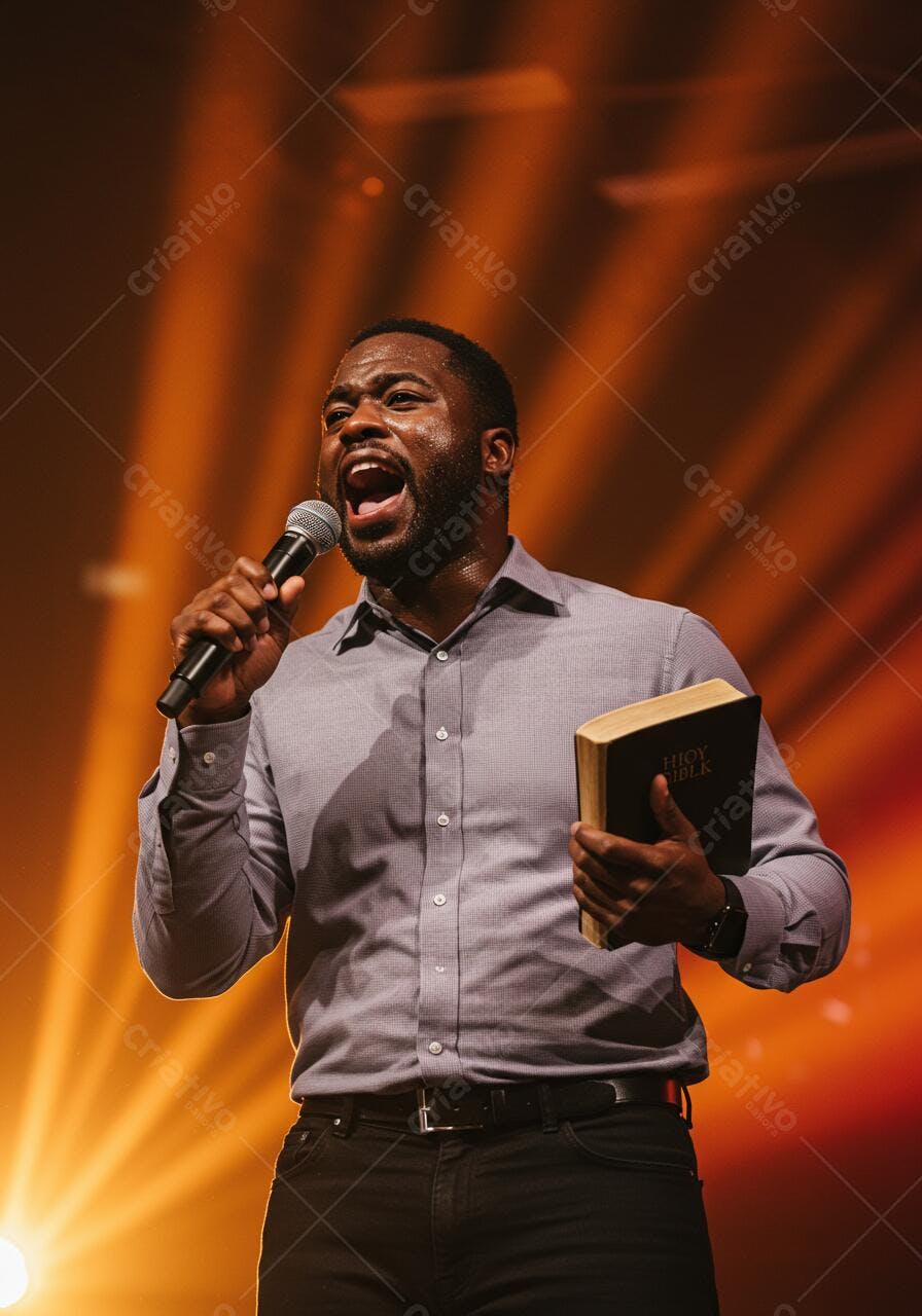 Pastor negro pregando com Bíblia em palco iluminado