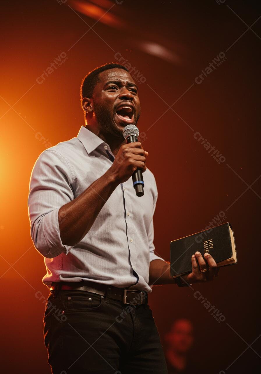 Pastor negro pregando com microfone e bíblia