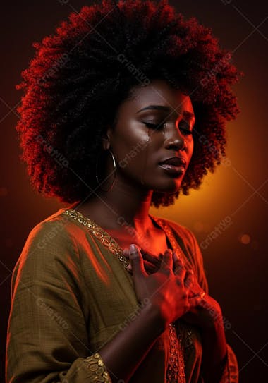 Portrait of a Black woman with voluminous afro hair crying. Predominant red and orange colors on a dark background. Dramatic lighting. Expression of sadness and pain.