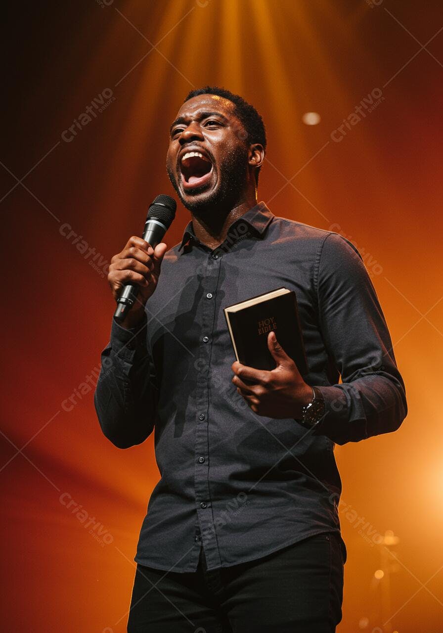 Pastor negro pregando com microfone e bíblia
