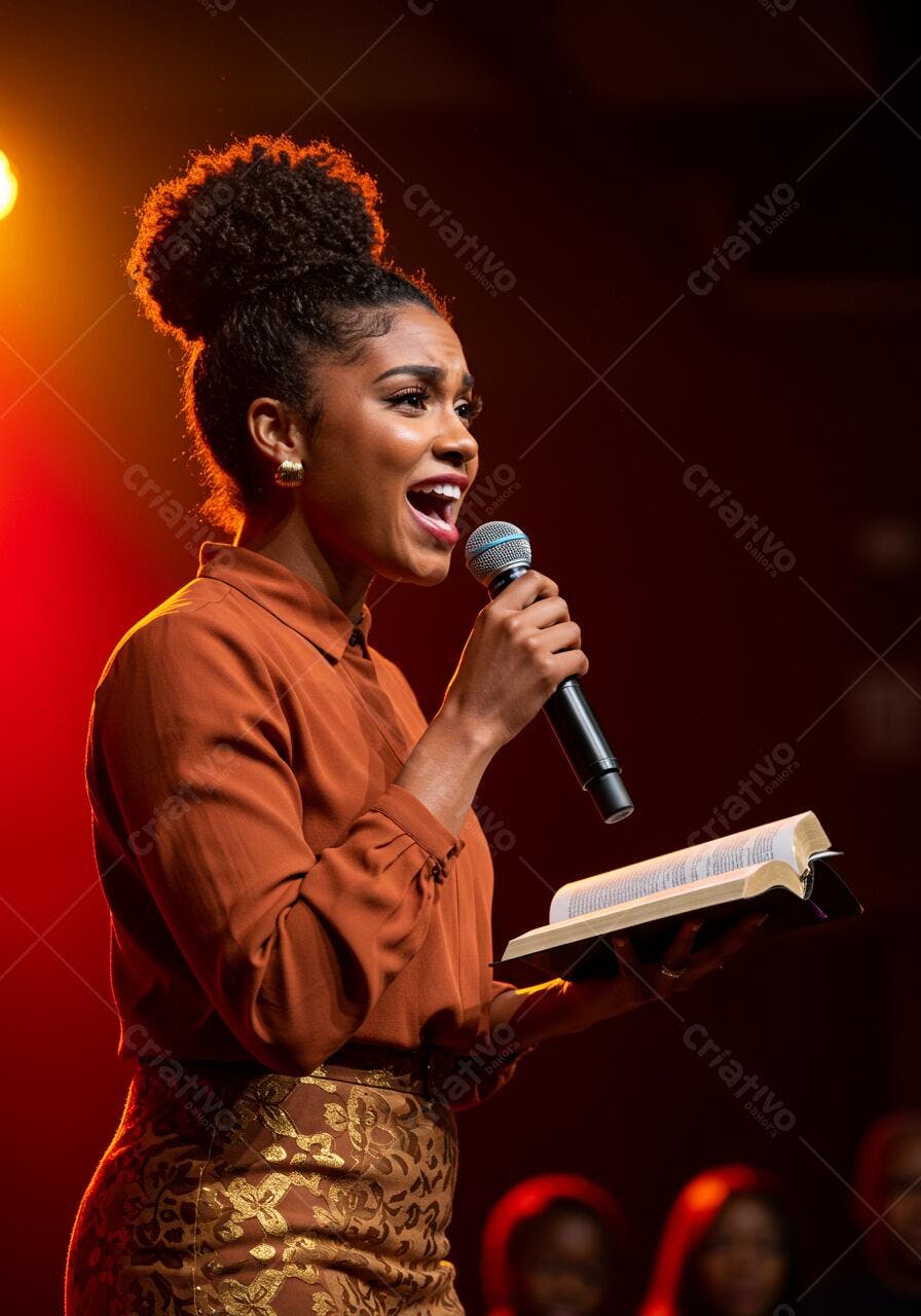 Cantora negra cantando no palco com microfone