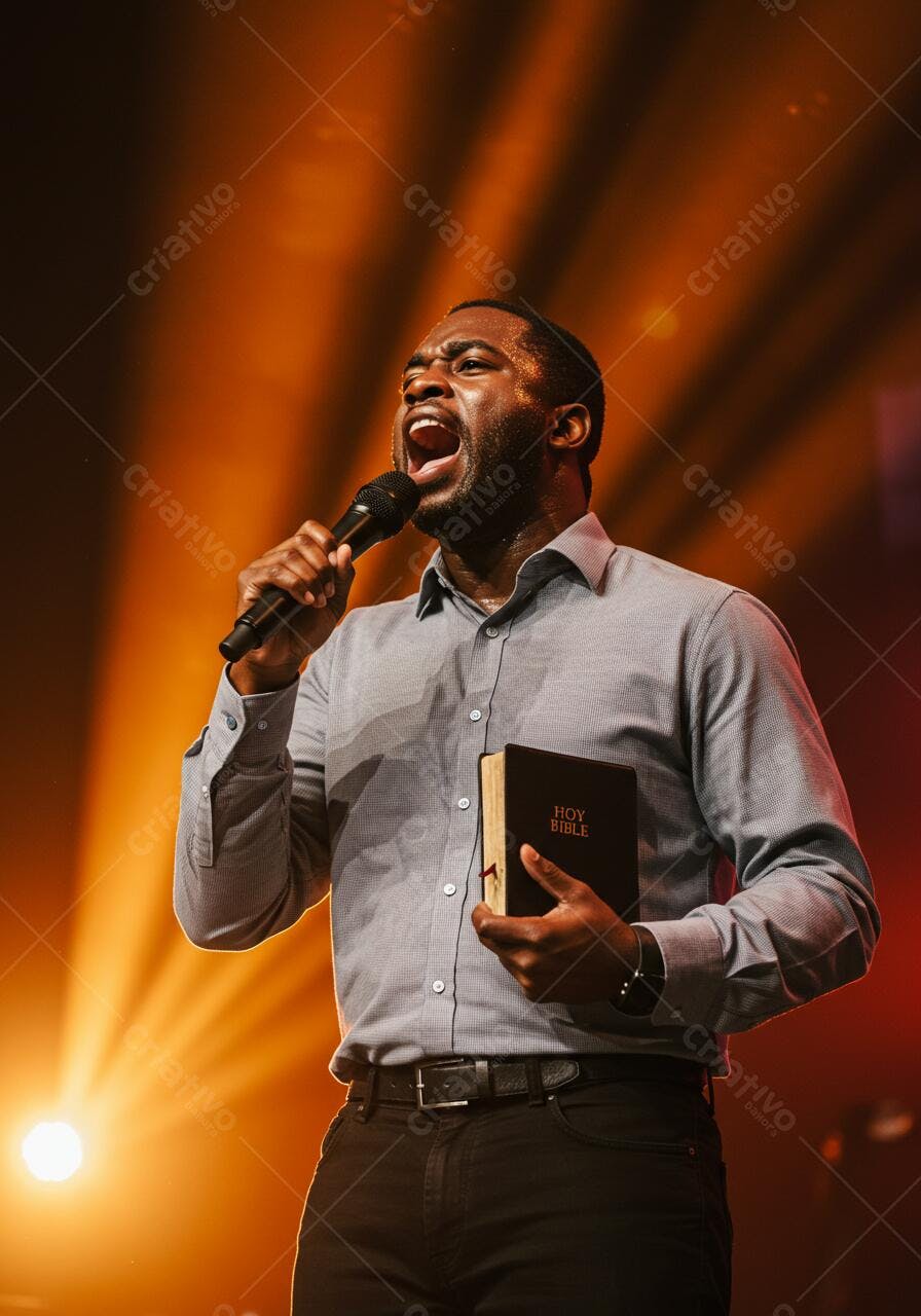 Pastor negro cantando com Bíblia no palco
