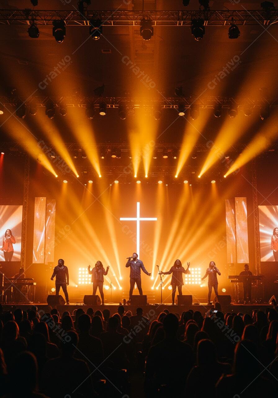 Banda gospel em show com iluminação quente