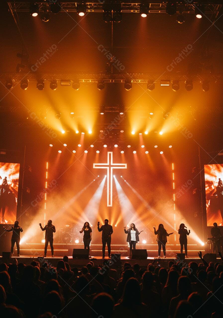 Coral gospel em show com iluminação alaranjada