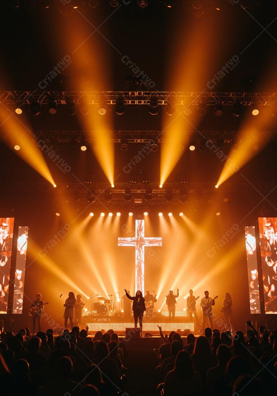Show gospel com banda e público iluminados