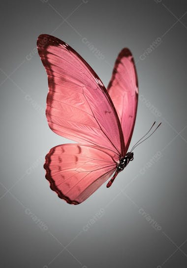 Image of a pink butterfly in flight against a light gray background.  The wings are translucent, with pinkish hues and darker borders. The composition is simple and elegant, conveying lightness and delicacy.
