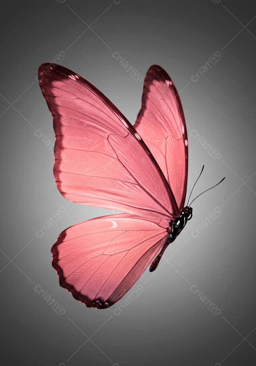 Borboleta rosa em voo fundo cinza