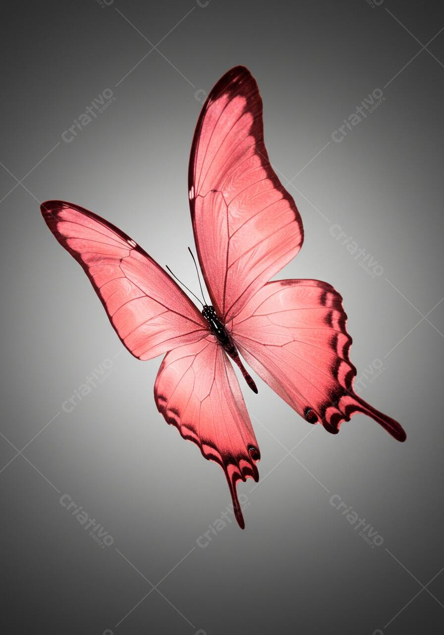 Borboleta rosa em voo fundo cinza