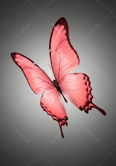 Image of a pink butterfly in flight against a light gray background. Predominant colors are pink and gray. The butterfly shows delicate details on the wings and the focus is sharp. The atmosphere is serene and elegant.