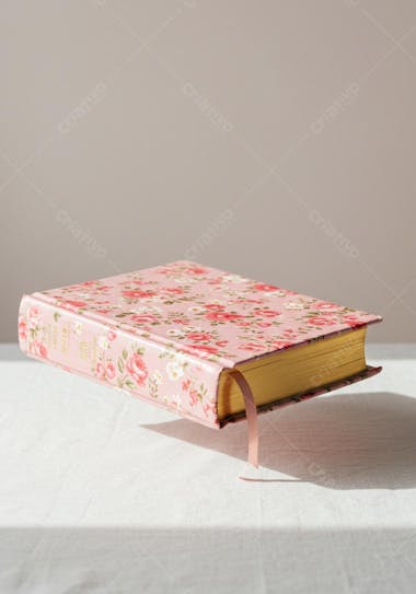 Book with light pink cover and floral print in shades of pink and white. The book is slightly suspended over a white fabric, with natural lighting creating soft shadows. The atmosphere is delicate and romantic.