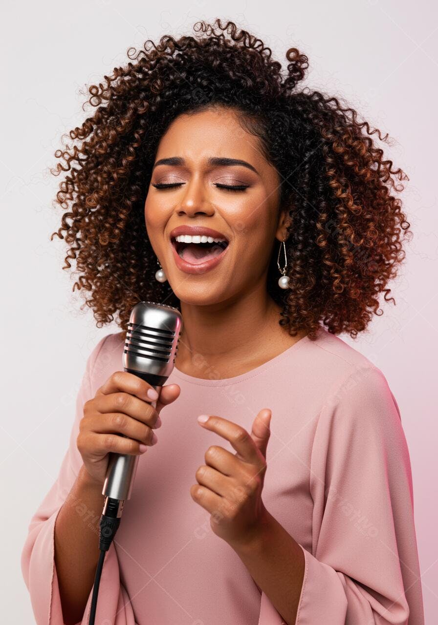 Cantora negra cantando ao microfone