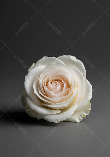 A cream-colored rose with delicate petals rests on a dark gray background. Soft lighting highlights the texture and color nuances of the flower, creating a serene and sophisticated atmosphere. Minimalist photography style.