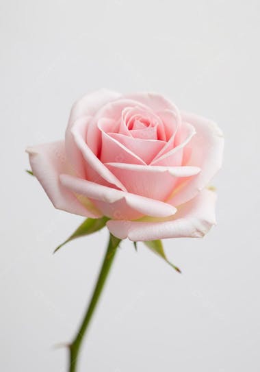 A single, light pink rose in sharp focus, showcasing its delicate petals and green stem. The pure white background provides a soft, elegant contrast. The image conveys serenity and romance.