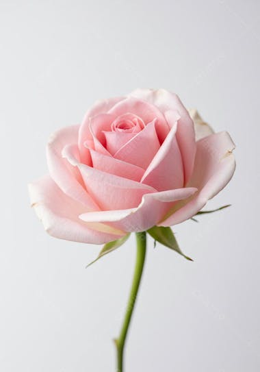 A single pastel pink rose in sharp focus against a clean white background. The petals are delicate with soft shades of light pink and white.  The image features a simple and clean composition with a romantic and delicate atmosphere.