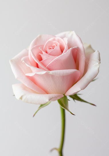A single pastel pink rose in focus against a white background. The petals show soft shades of pink and white. The image is simple, elegant and conveys delicacy.