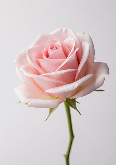 A single light pink rose in sharp focus showcasing its delicate petals and pastel tone. The neutral white background accentuates the flower's soft beauty. The image evokes a romantic and serene atmosphere.