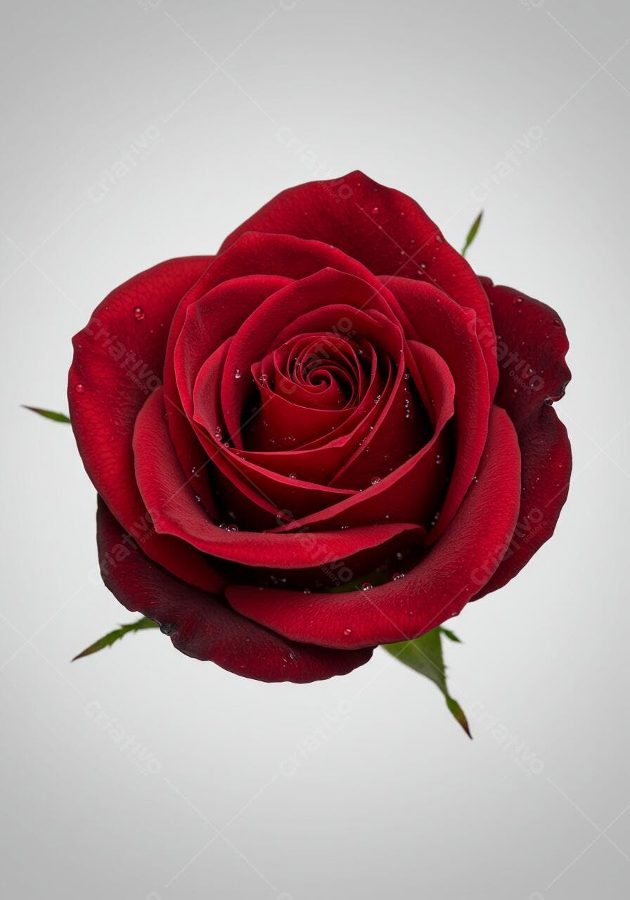 Rosa vermelha gotas água fundo branco