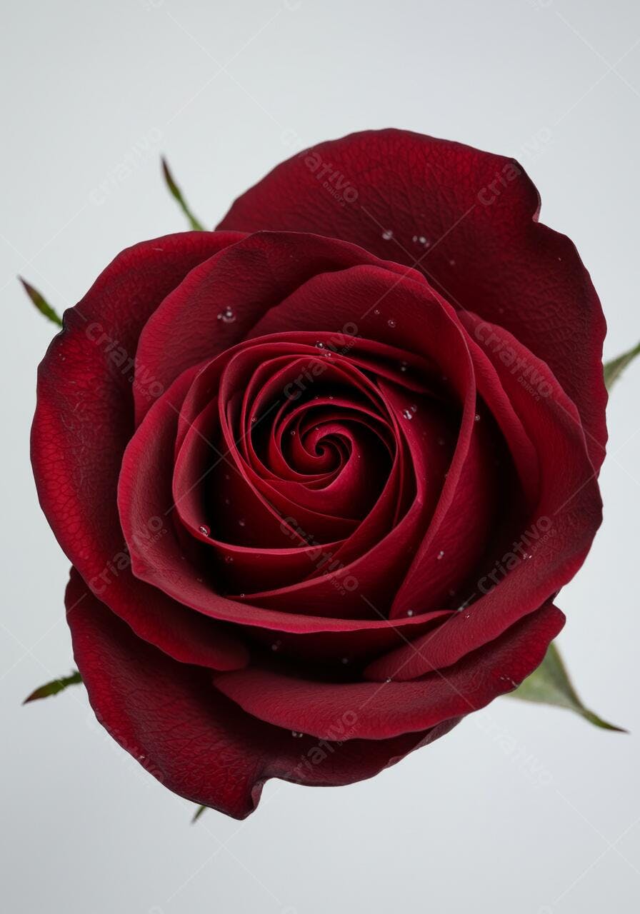 Rosa vermelha com gotas de água fundo branco
