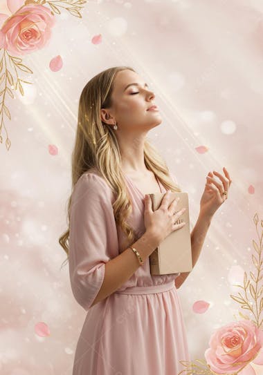 Image of a blonde woman holding a Bible to her chest, eyes closed, in a prayer pose. Light pink background with watercolor petals and roses. Pastel shades prevail, creating a serene and spiritual atmosphere.