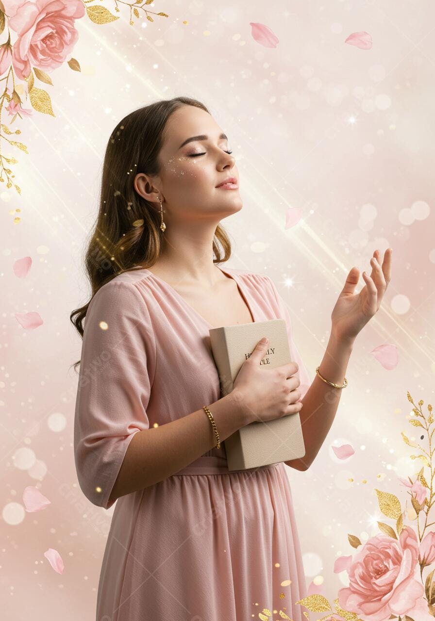 Mulher em vestido rosa segurando Bíblia em fundo floral