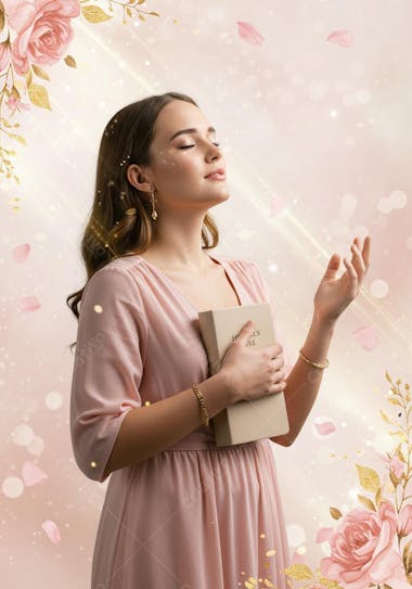 Image of a young woman in a light pink dress holding a Bible. Background with pink flowers, gold, and falling petals. Soft colors and a serene, spiritual atmosphere.