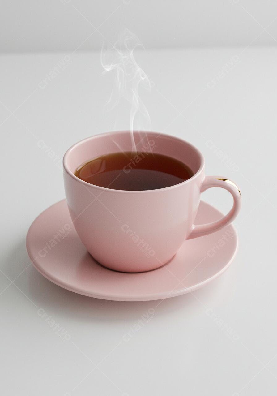 Xícara de chá rosa fumegante