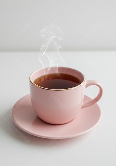 Pale pink teacup and saucer with hot tea. Steam rises from the cup. Soft and delicate colors. Clean and minimalist photography style. Calm and relaxing atmosphere.
