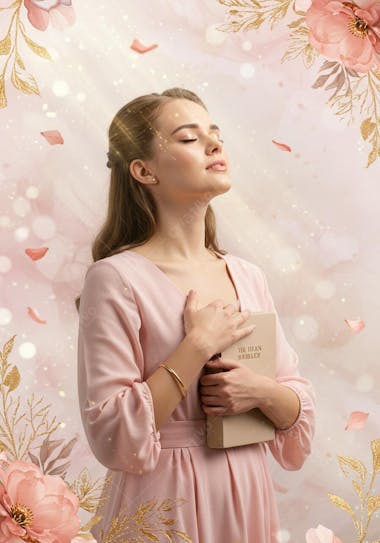 Image of a young light-skinned woman with brown hair holding a Bible to her chest. She's wearing a light pink dress and a gold bracelet. The background is a soft floral design in pink and gold tones with falling petals. The mood is calm and serene.